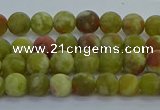 CRO1150 15.5 inches 4mm round matte green dragon serpentine jasper beads