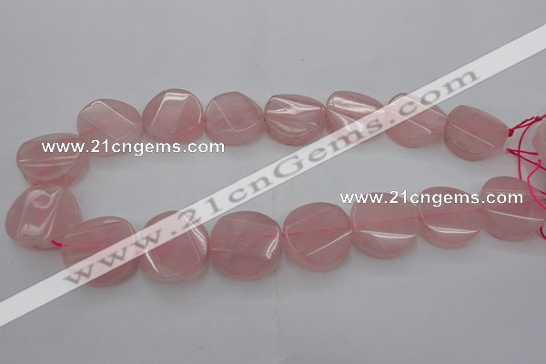 CRQ663 15.5 inches 25mm twisted coin rose quartz beads