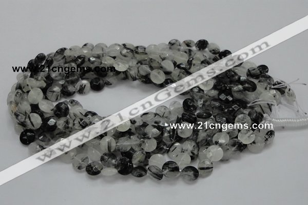 CRU02 15.5 inches 10mm faceted flat round black rutilated quartz beads