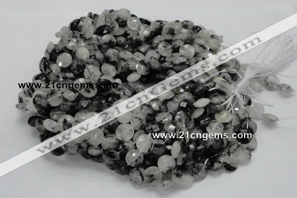 CRU03 15.5 inches 12mm faceted flat round black rutilated quartz beads