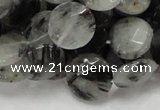 CRU04 15.5 inches 15mm faceted flat round black rutilated quartz beads