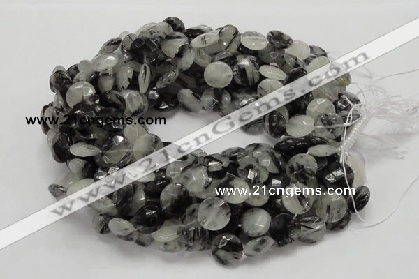 CRU04 15.5 inches 15mm faceted flat round black rutilated quartz beads