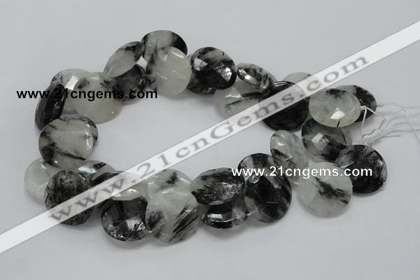 CRU05 15.5 inches 25mm faceted flat round black rutilated quartz beads