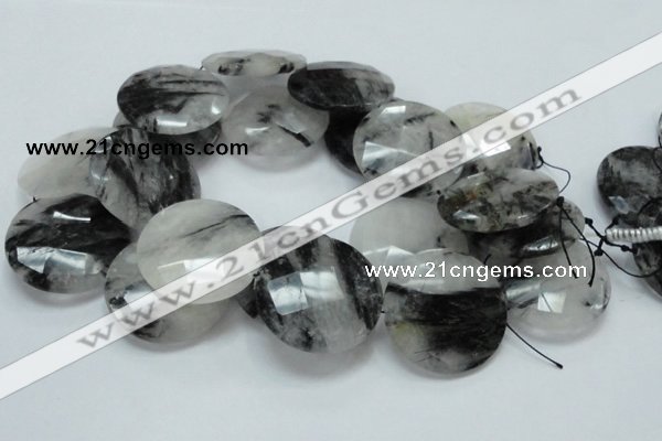 CRU07 15.5 inches 40mm faceted flat round black rutilated quartz beads