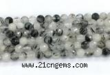 CRU1092 15.5 inches 8mm faceted round black rutilated quartz gemstone beads