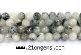 CRU1094 15.5 inches 12mm faceted round black rutilated quartz gemstone beads