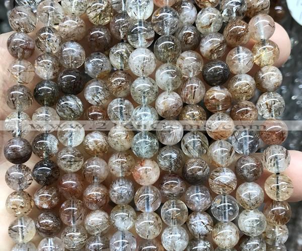 CRU1143 15 inches 8mm round black gold rutilated quartz beads