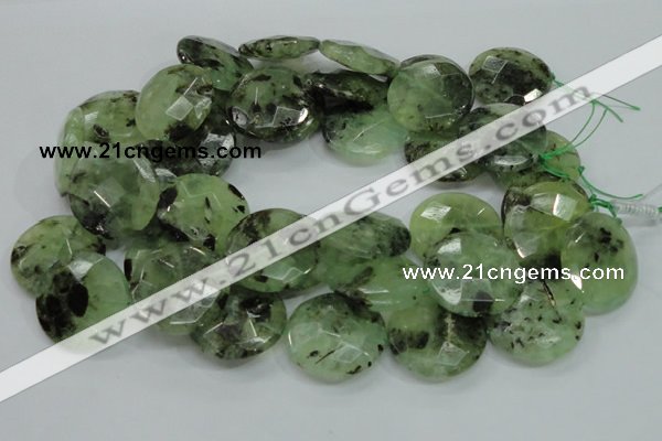 CRU117 15.5 inches 30mm faceted coin green rutilated quartz beads