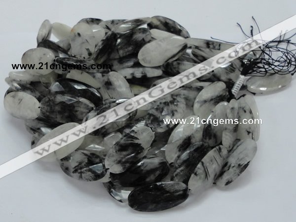 CRU20 15.5 inches 20*40mm faceted oval black rutilated quartz beads