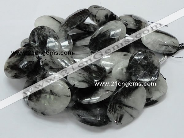 CRU21 15.5 inches 35*50mm faceted oval black rutilated quartz beads