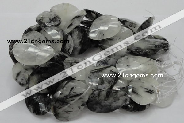 CRU24 15.5 inches 30*40mm faceted freeform black rutilated quartz beads