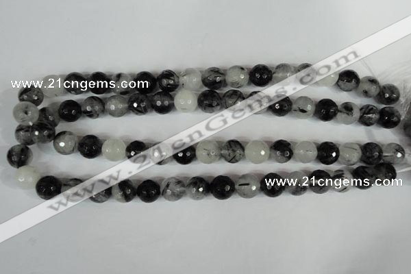 CRU315 15.5 inches 12mm faceted round black rutilated quartz beads