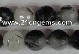 CRU316 15.5 inches 14mm faceted round black rutilated quartz beads