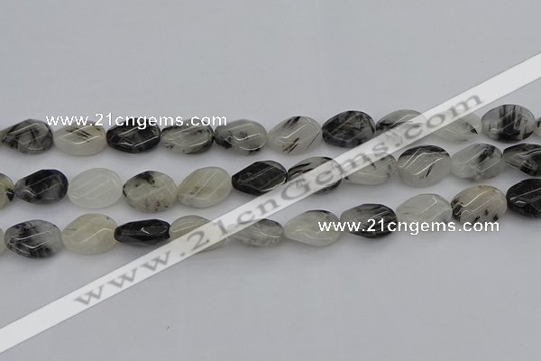 CRU354 13*18mm twisted & faceted oval black rutilated quartz beads