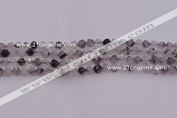 CRU511 15.5 inches 6mm faceted nuggets black rutilated quartz beads