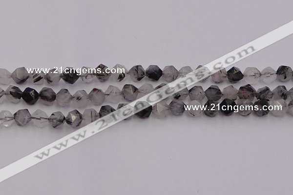 CRU512 15.5 inches 8mm faceted nuggets black rutilated quartz beads