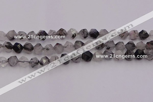 CRU514 15.5 inches 12mm faceted nuggets black rutilated quartz beads