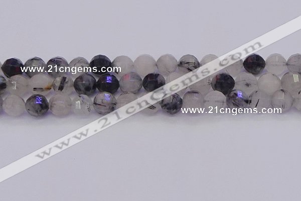 CRU523 15.5 inches 10mm faceted round black rutilated quartz beads