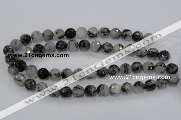 CRU61 15.5 inches 14mm faceted round black rutilated quartz beads