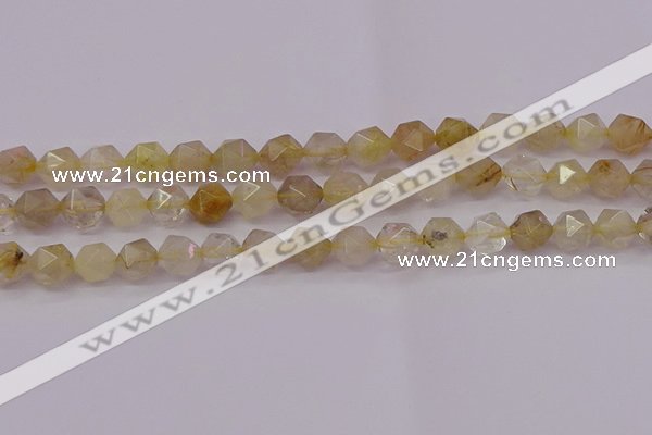 CRU623 15.5 inches 10mm faceted nuggets golden rutilated quartz beads