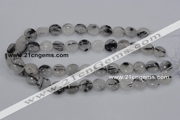 CRU80 15.5 inches 14mm flat round black rutilated quartz beads