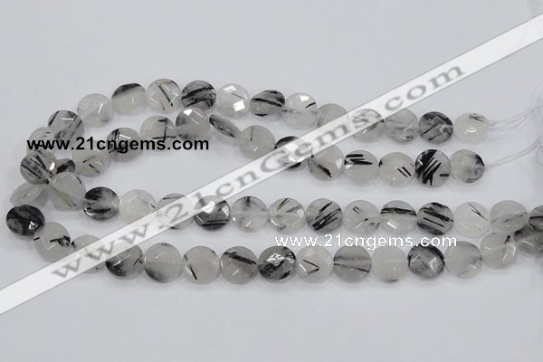 CRU93 15.5 inches 14mm faceted coin black rutilated quartz beads