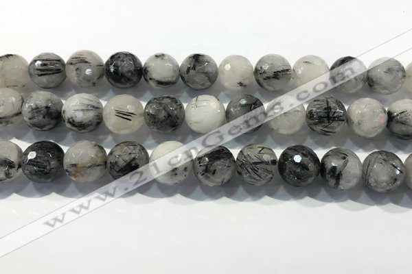 CRU936 15.5 inches 14mm faceted round black rutilated quartz beads