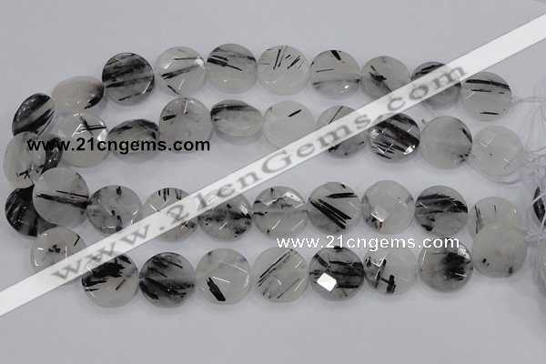 CRU94 15.5 inches 20mm faceted coin black rutilated quartz beads