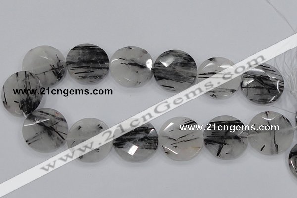 CRU95 15.5 inches 30mm faceted coin black rutilated quartz beads