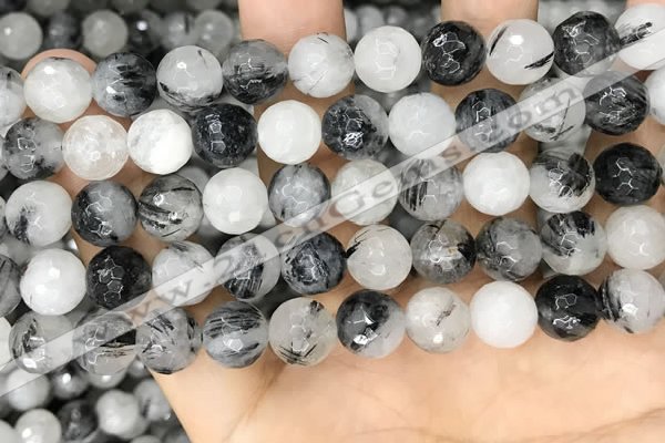 CRU959 15.5 inches 10mm faceted round black rutilated quartz beads