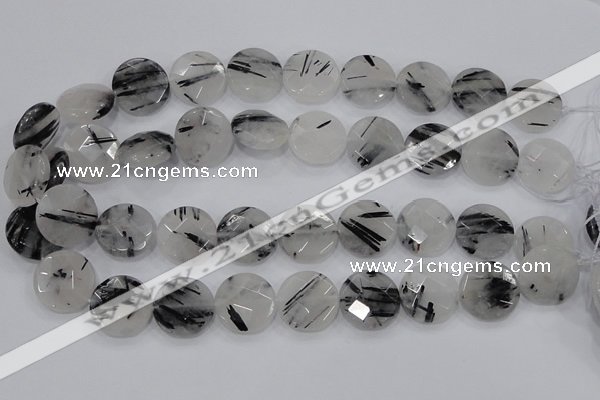 CRU98 15.5 inches 22mm faceted coin black rutilated quartz beads