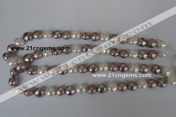 CSB184 15.5 inches 12mm flat round mixed color shell pearl beads