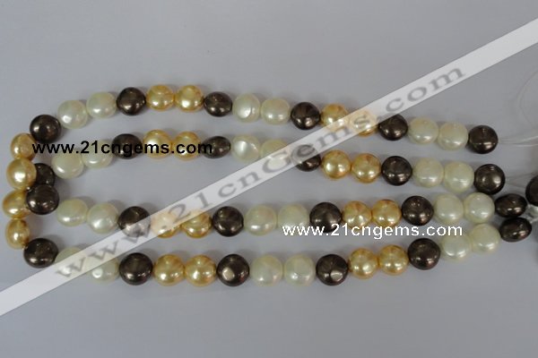 CSB185 15.5 inches 12mm flat round mixed color shell pearl beads