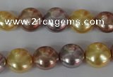 CSB186 15.5 inches 12mm flat round mixed color shell pearl beads