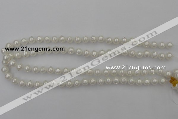 CSB428 15.5 inches 14mm round shell pearl with rhinestone beads