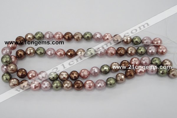 CSB502 15.5 inches 12mm faceted round mixed color shell pearl beads