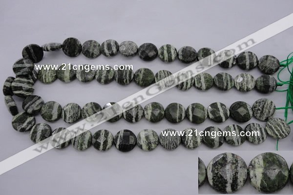 CSJ120 15.5 inches 15mm faceted coin green silver line jasper beads