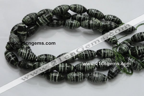 CSJ20 15.5 inches 15*30mm rice green silver line jasper beads