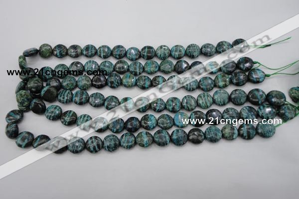 CSJ215 15.5 inches 12mm flat round dyed green silver line jasper beads