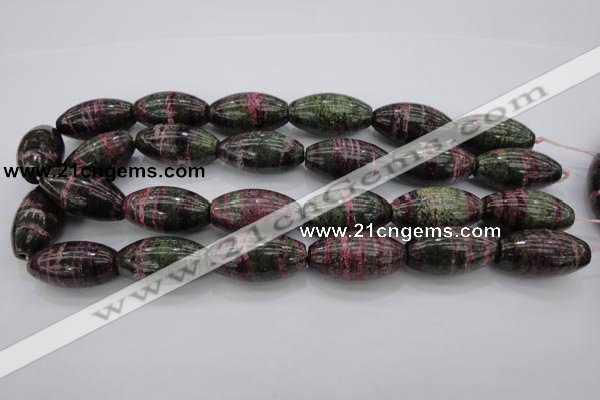 CSJ274 15.5 inches 15*30mm rice dyed green silver line jasper beads