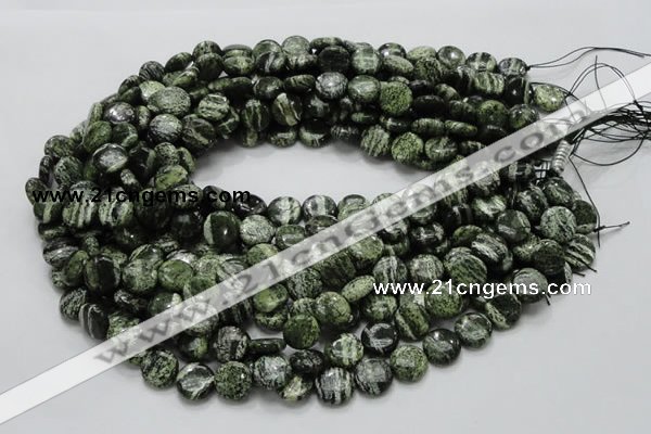 CSJ41 15.5 inches 10mm flat round green silver line jasper beads