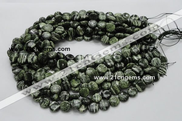 CSJ42 15.5 inches 12mm flat round green silver line jasper beads