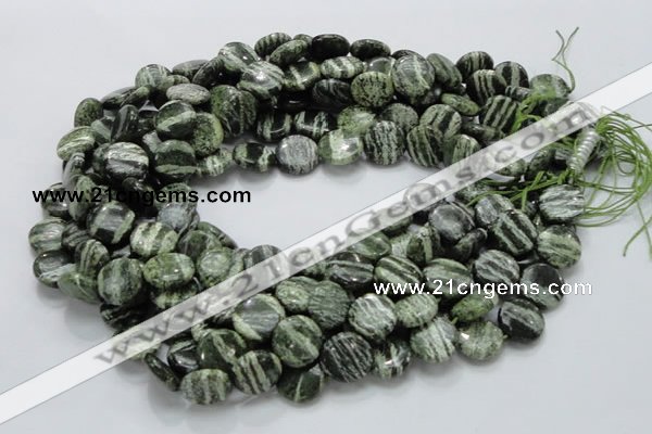 CSJ43 15.5 inches 15mm flat round green silver line jasper beads