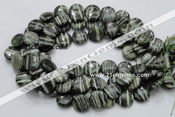 CSJ44 15.5 inches 20mm flat round green silver line jasper beads