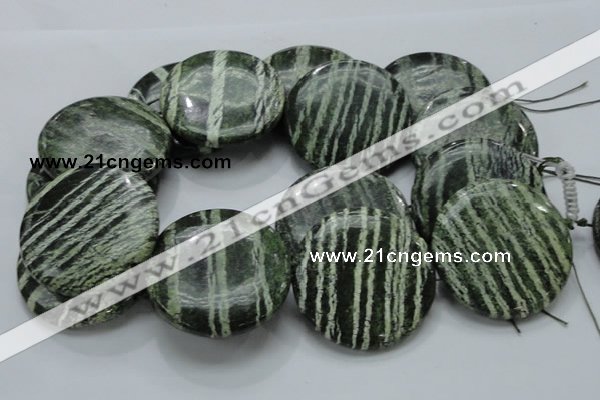 CSJ49 15.5 inches 50mm flat round green silver line jasper beads