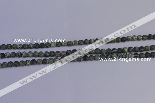 CSJ500 15.5 inches 4mm round matte green silver line jasper beads