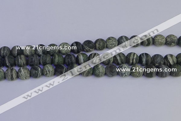 CSJ504 15.5 inches 12mm round matte green silver line jasper beads