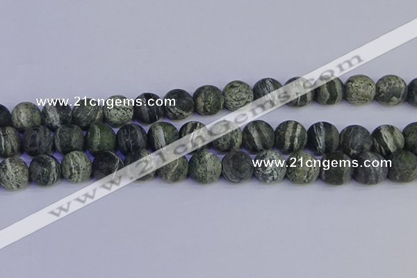 CSJ505 15.5 inches 14mm round matte green silver line jasper beads