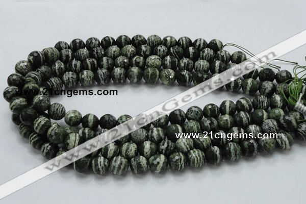 CSJ66 15.5 inches 12mm faceted round green silver line jasper beads