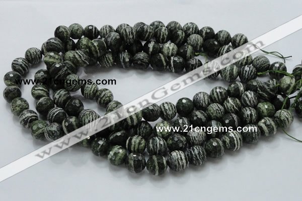 CSJ67 15.5 inches 14mm faceted round green silver line jasper beads